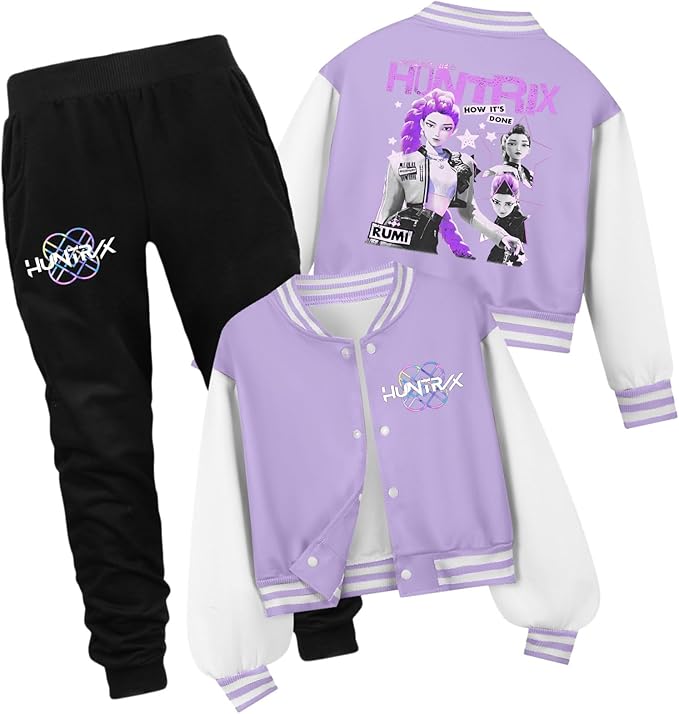 K PopGirls Kpop Tracksuit Cute Cartoon Print Baseball Coats Fashion Long Sleeve Jackets and Pants Christmas Costume Set