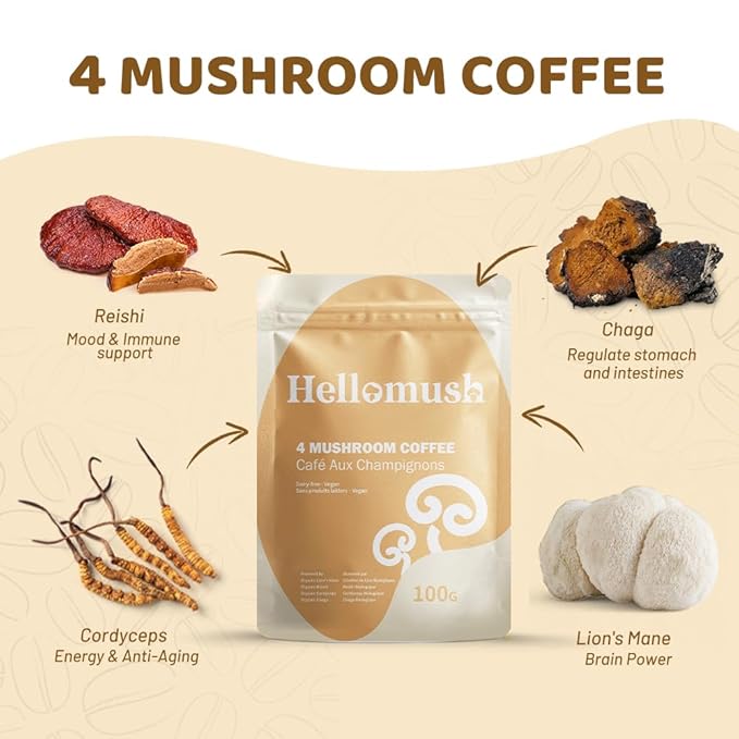 Hellomush Organic Instant Mushroom Coffee with Lions Mane, Reishi, Chaga and Cordyceps Coffee, Adaptogen Drink for Greater Energy, More Focus, Better Digestion, and Gut Support 30 Servings 3.7 oz