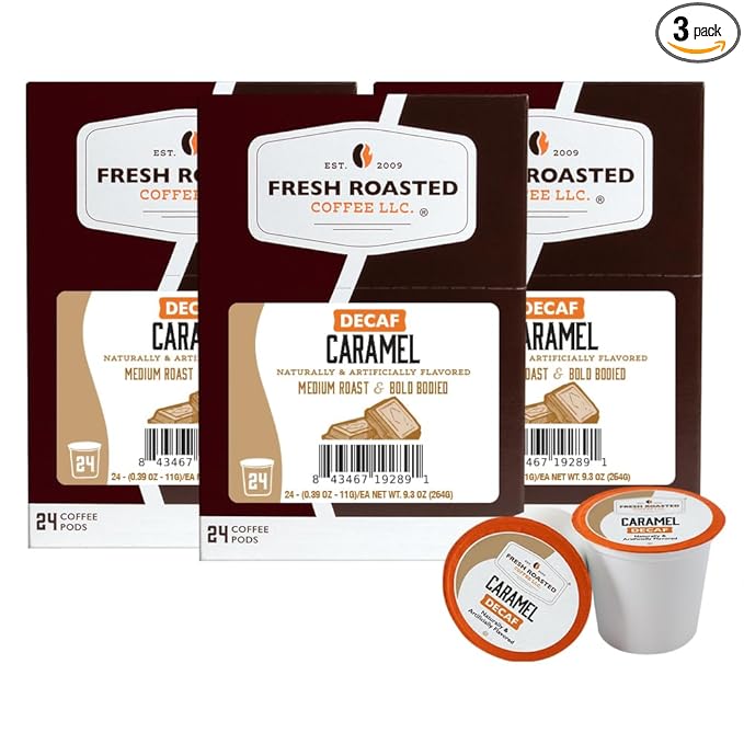 Fresh Roasted Coffee, Decaf Caramel, Flavored Coffee Pods, 72 Count