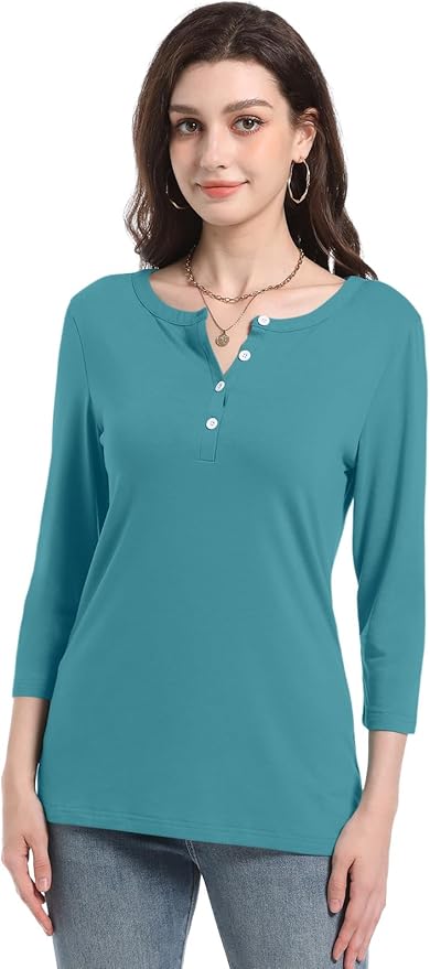 PGANDS Women's 3/4 Length Sleeve T Shirts Button Down Scoop Neck Casual Tops