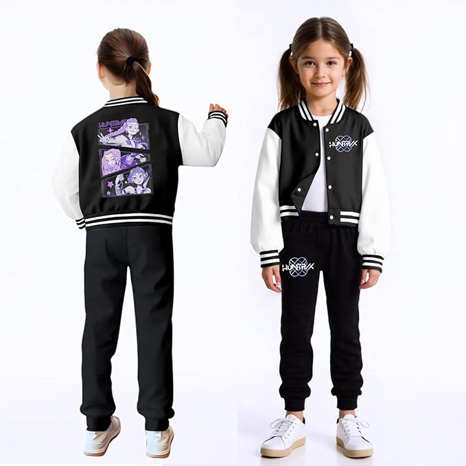 K PopGirls Kpop Tracksuit Cute Cartoon Print Baseball Coats Fashion Long Sleeve Jackets and Pants Christmas Costume Set