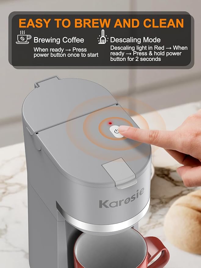 Karosie Single Serve Coffee Maker for K-Cup and Ground Coffee, Fast Brew, 6-12 oz Brew Sizes One Cup Coffee Machine Fits 5.5" Mugs, One-Button Small Coffee Maker with Descaling Reminder,Grey