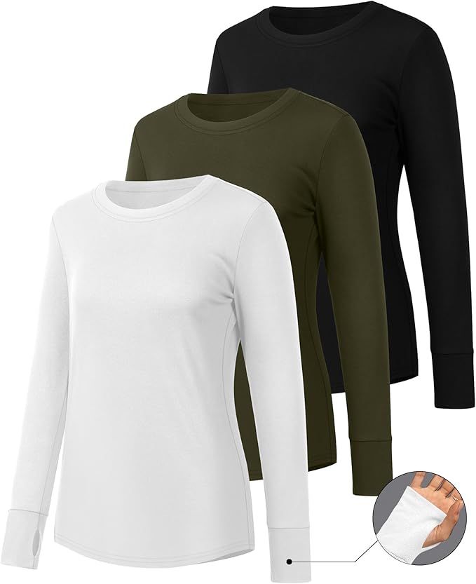 Huukeay 3 Pack Women's Long Sleeve Shirts with Thumb Holes, Cotton Casual Crew Neck Tunic Tops Fall Loose Y2k Trendy Outfits