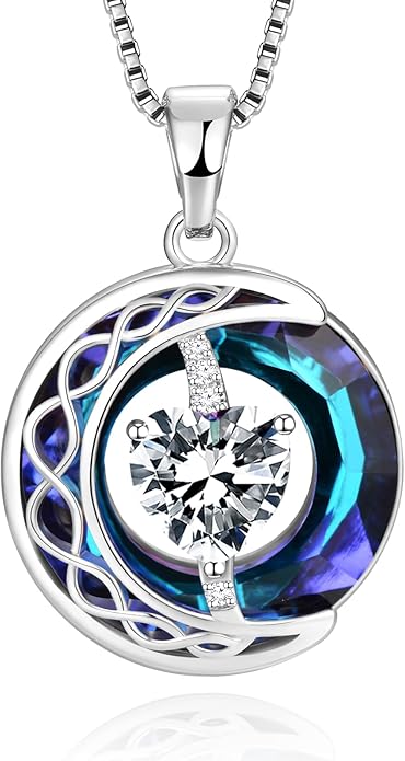 LIANYU Necklace for Womens Blue Sapphire Necklace Moon Pendant S925 Sterling Silver Crystal Jewelry for Women Pendant Birthday Gifts for Wife Gifts Valentine Anniversary