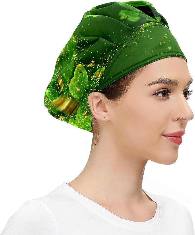 Women's Working Cap Green Clovers Golden Adjustable Working Hats with Sweatband and Elastic Toggle Head Cover