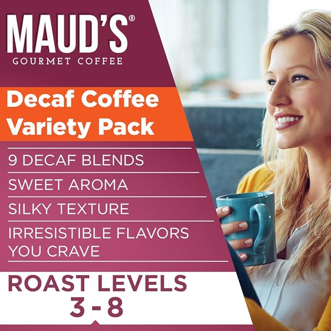 Maud's Decaf Coffee Pods Variety Pack, 80 ct, 9 Assorted Roasts & Flavors, Decaffeinated Medium Roast Coffee in Recyclable Single Serve Pods - 100% Arabica Coffee, Compatible with Keurig K Cups Maker