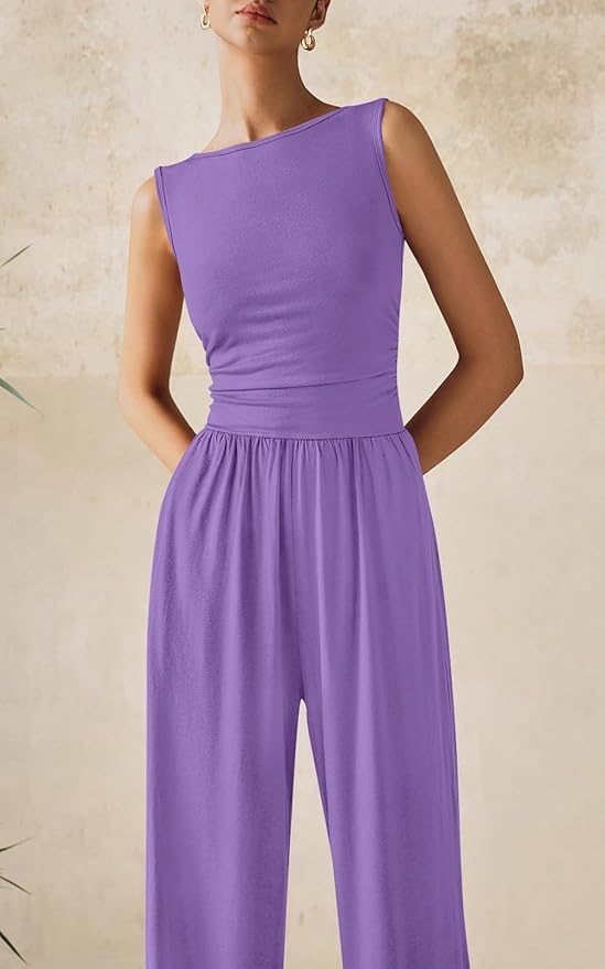 PRETTYGARDEN One Piece Jumpsuits for Women Dressy Casual Sleeveless Crewneck Wide Leg Rompers Jumpers Vacation Summer Outfits