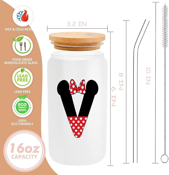 Cute Cartoon Mouse Lover Gifts Initial A-Z Personalized Iced Coffee Cup Magic Mouse Stuff Wizard Gift 16oz Glass Cup with Lid and Straws Birthday Christmas Gifts for Women Teen Girls (Letter V)