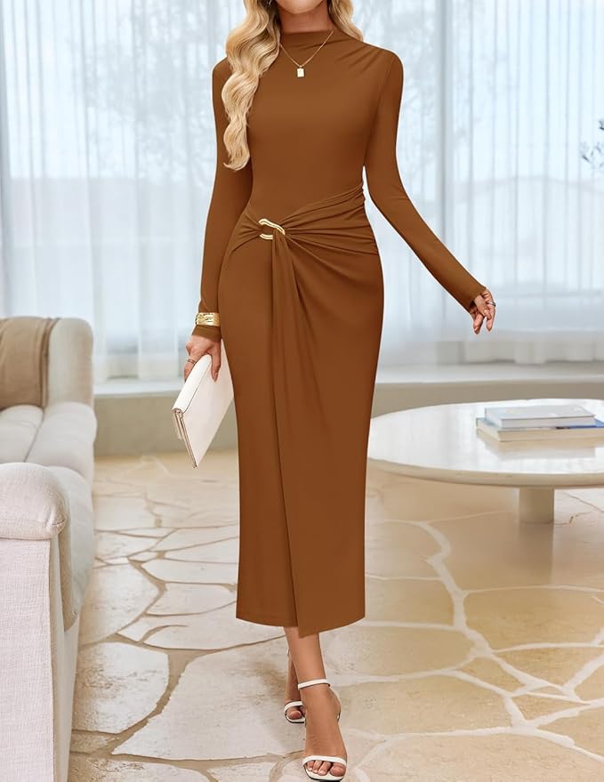 ZESICA Women's 2026 Spring Long Sleeve Bodycon Dress Mock Neck Wedding Guest Cocktail Party Long Midi Dresses