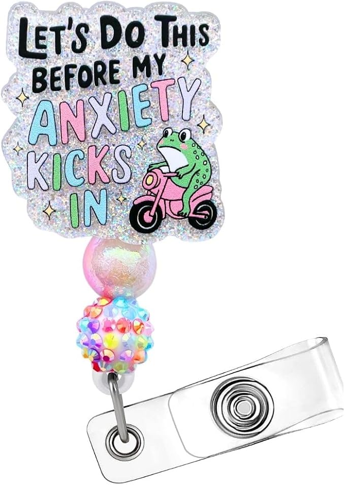 Anxiety Frog Beaded Badge Reel Holder Retractable ID Clip Lanyard Cute Funny Humor Aesthetic Therapist Nurse Doctor Teacher Office Work Accessory Stress Relief Mental Health Gifts Hospital Supplies