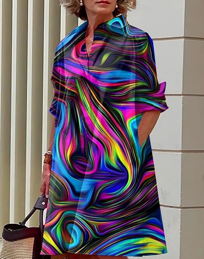 Womens 2025 Long Sleeve Button Down Shirt Summer Dress Casual V Neck Loose Fit Midi Shirt Dresses with Pockets