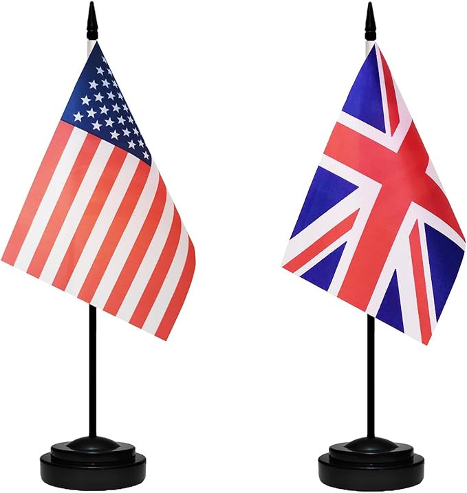 USA American & Britain United Kingdom Desk Flags, US UK Office Table Flag, Small Mini Miniature UK and US Desktop Flag With 13" Solid Black Pole, Black Base