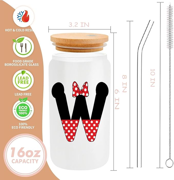 Cute Cartoon Mouse Lover Gifts Initial A-Z Personalized Iced Coffee Cup Magic Mouse Stuff Wizard Gift 16oz Glass Cup with Lid and Straws Birthday Christmas Gifts for Women Teen Girls (Letter W)