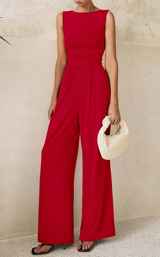 PRETTYGARDEN One Piece Jumpsuits for Women Dressy Casual Sleeveless Crewneck Wide Leg Rompers Jumpers Vacation Summer Outfits