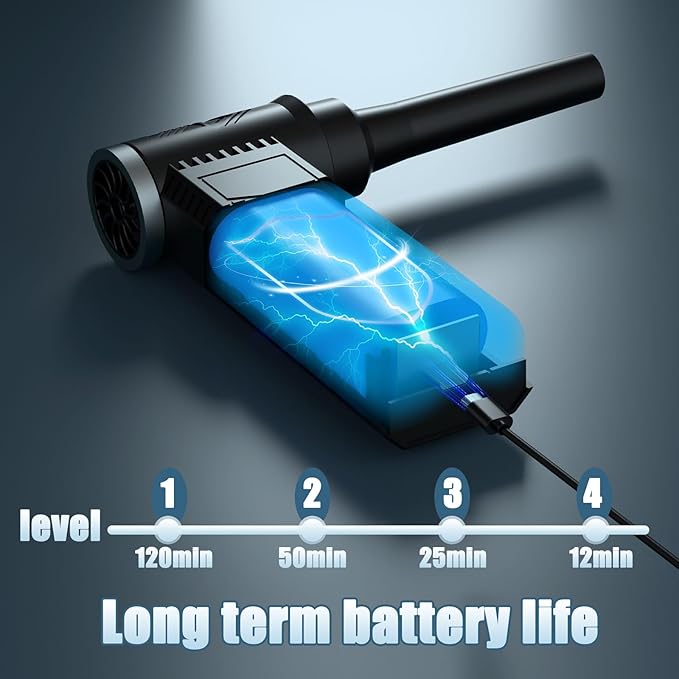 Cordless Electric Air Duster: 120,000 RPM High-Speed 4-Speed Adjustable Blower, Rechargeable Battery-Powered Dust Cleaner for PC Keyboards, Electronics, Cars & Outdoor Use (deep Black)