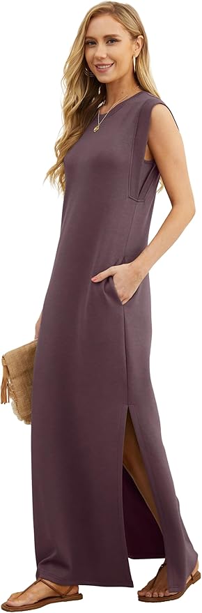 GRECERELLE 2026 Women Year-Round Casual Round Neck Loose Split Wrinkle-Free Long Maxi Vacation Dress with Pockets (XXS-4XL)