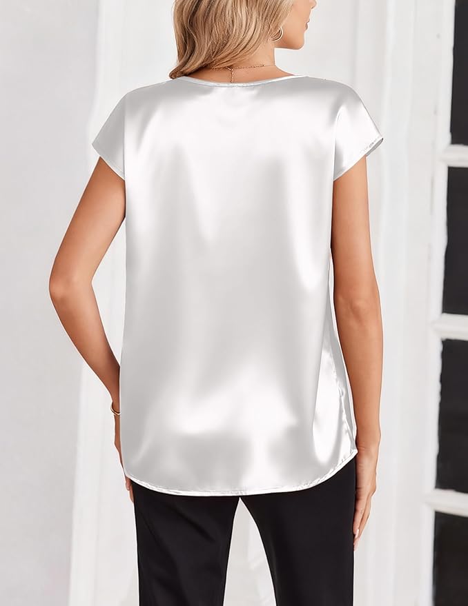 Zeagoo Women Silk Satin Tops Cap Short Sleeve Blouse V Neck Shirts Business Casual Outfits S-2XL