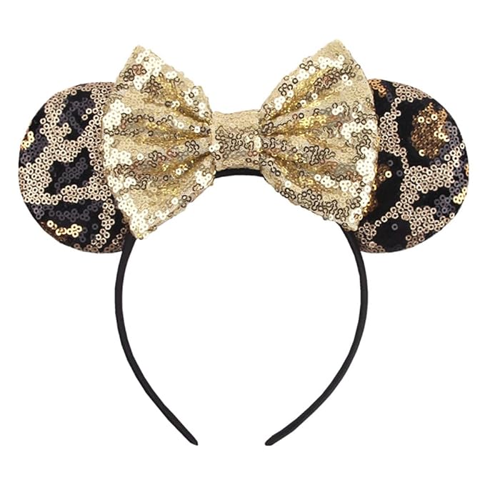 Foeran Mouse Ears Headbands Shiny Bows Mouse Ears Glitter Party Princess Decoration Cosplay Costume for Girls Women (Leopard/Gold)
