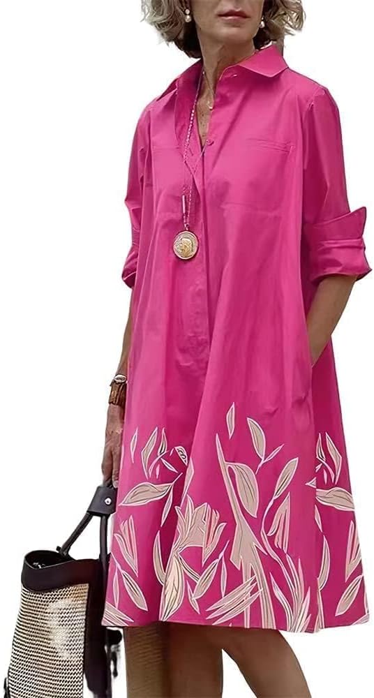 Womens 2025 Long Sleeve Button Down Shirt Summer Dress Casual V Neck Loose Fit Midi Shirt Dresses with Pockets
