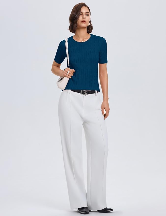 Micoson Womens Short Sleeve Cable Knit Sweater Tops Crewneck Lightweight Spring Summer Shirts Business Dressy Casual Outfits