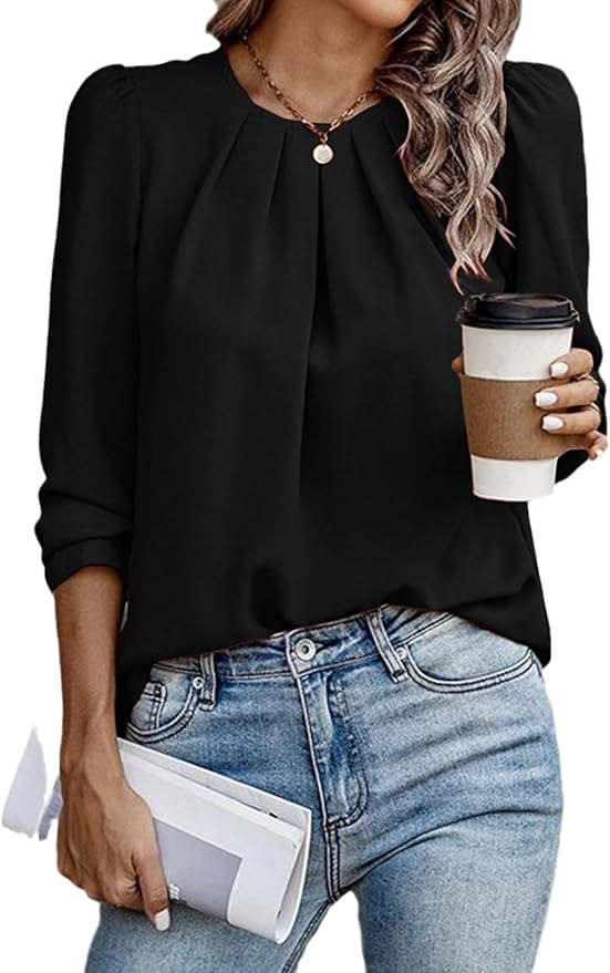 Samefar Womens Tops Dressy Casual Pleated Crew Neck Long Sleeve Shirts Office Work Chiffon Blouses