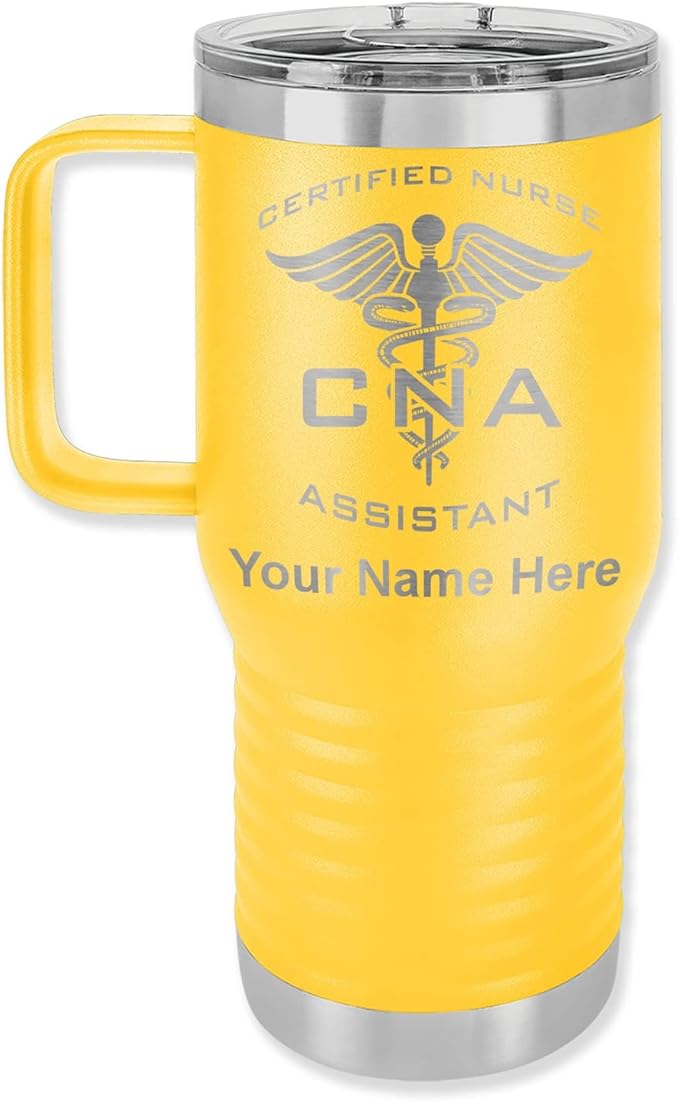 LaserGram 20oz Vacuum Insulated Travel Mug with Handle, CNA Certified Nurse Assistant, Personalized Engraving Included (Yellow)