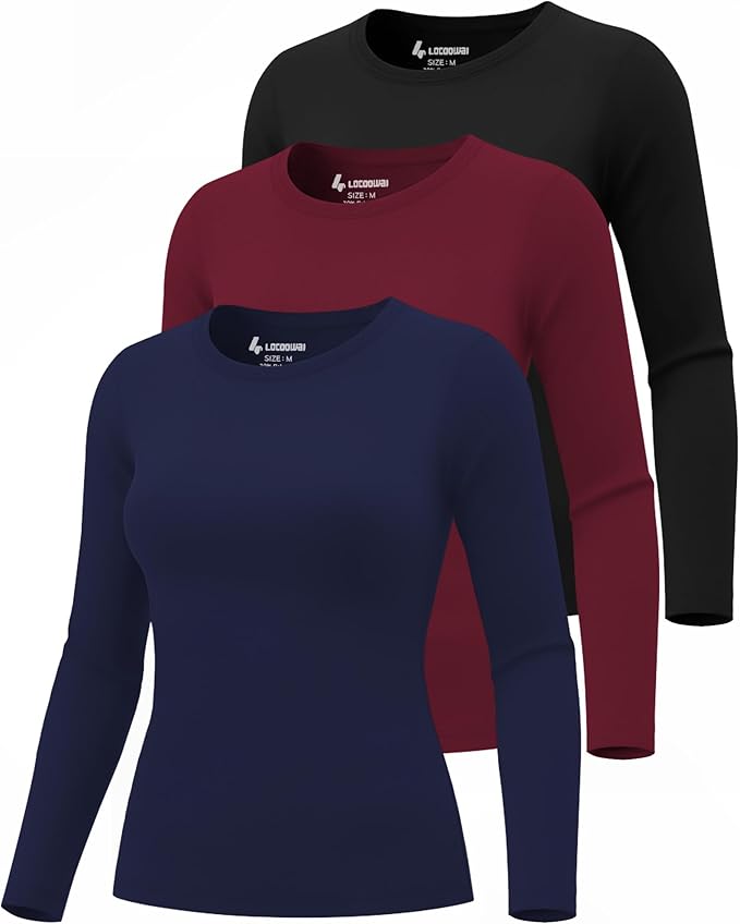 3 Pack Women's Underscrub Shirts Long Sleeve Thermal Scrub Undershirts Nurse Crew Neck Slim Fit Fleece Top Basic Tee