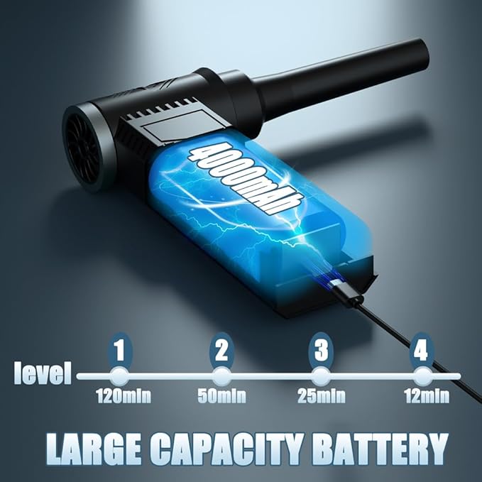 Cordless Electric Air Duster: 120,000 RPM High-Speed 4-Speed Adjustable Blower, Rechargeable Battery-Powered Dust Cleaner for PC Keyboards, Electronics, Cars & Outdoor Use (Black)
