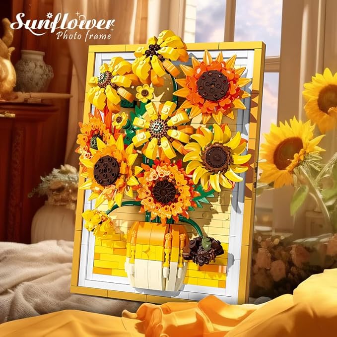 noziaa Building Block Sunflower Picture Frame, Creative Eternal Artificial Flower Plant Models, Home Decor or Idea Present for Adults and Kids, Valentine's Day Gifts for Girls, 1011 PCS-JJ9233