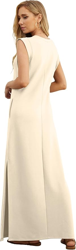 GRECERELLE 2026 Women Year-Round Casual Round Neck Loose Split Wrinkle-Free Long Maxi Vacation Dress with Pockets (XXS-4XL)
