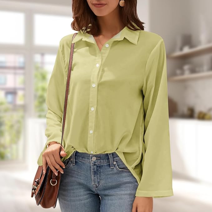 Womens Classic Shirts Casual Button Solid Color Long Sleeve Work Blouse Collared Relaxed Fit Summer Tops