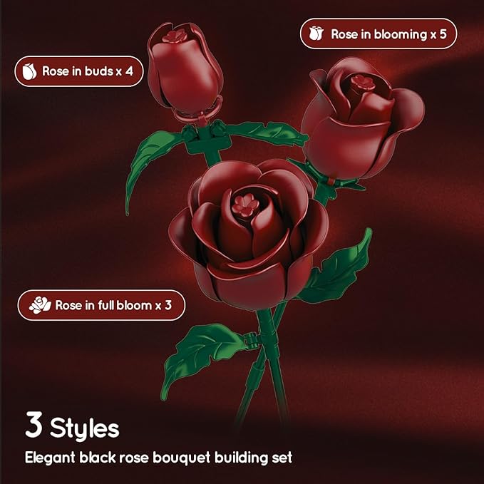 HOGOKIDS Flowers Bouquet Building Set - 15 Burgundy Roses Valentine's Day Gfit for Her, 330PCS Deep Red Rose Botanical Collection Building Blocks Artificial Flower Home Office Decor for Adults Kids 8+