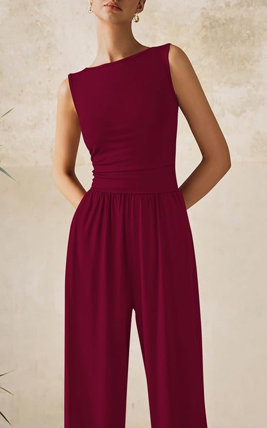 PRETTYGARDEN One Piece Jumpsuits for Women Dressy Casual Sleeveless Crewneck Wide Leg Rompers Jumpers Vacation Summer Outfits