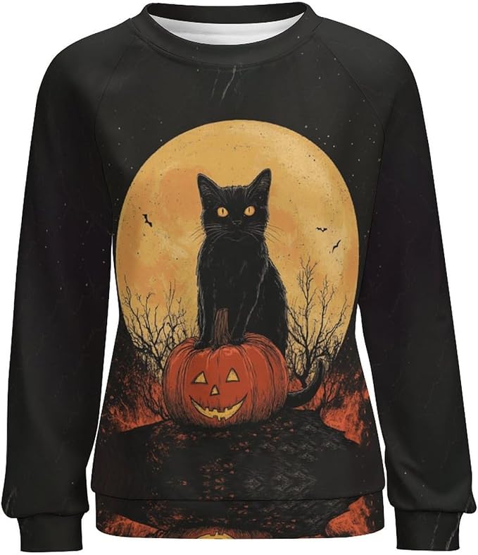 Spatofa Womens novelty funny cat printed crewneck sweatshirt casual loose long sleeve graphic pullover sweatshirts tops