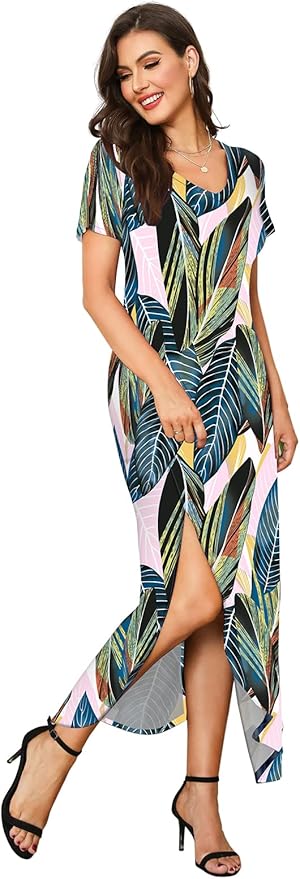 Arolina Women's Summer Maxi Dress Short Sleeve V Neck Casual Loose Long Beach Split Dresses with Pockets