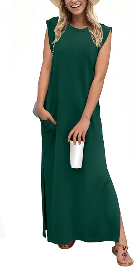 GRECERELLE 2026 Women Year-Round Casual Round Neck Loose Split Wrinkle-Free Long Maxi Vacation Dress with Pockets (XXS-4XL)
