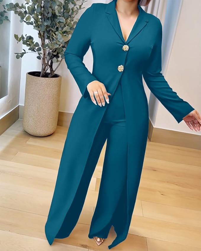 CHICME Womens Faux Two Piece Jumpsuits Casual Dressy Long Sleeve V Neck Wide Leg One Piece Outfits