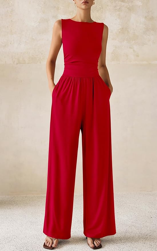 PRETTYGARDEN One Piece Jumpsuits for Women Dressy Casual Sleeveless Crewneck Wide Leg Rompers Jumpers Vacation Summer Outfits