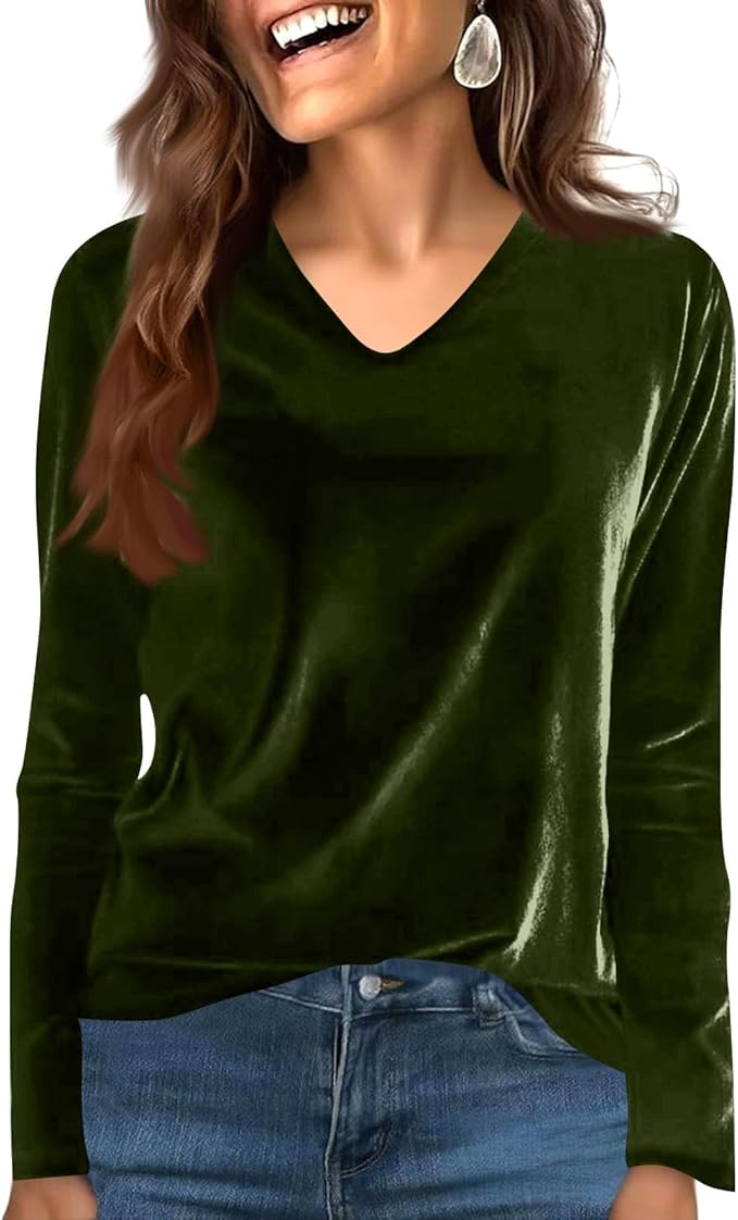 Velvet Tops for Women Dressy Casual V Neck Shirts Loose Fit Vintage Long Sleeve Velour Blouse Solid Holiday Party Outfits