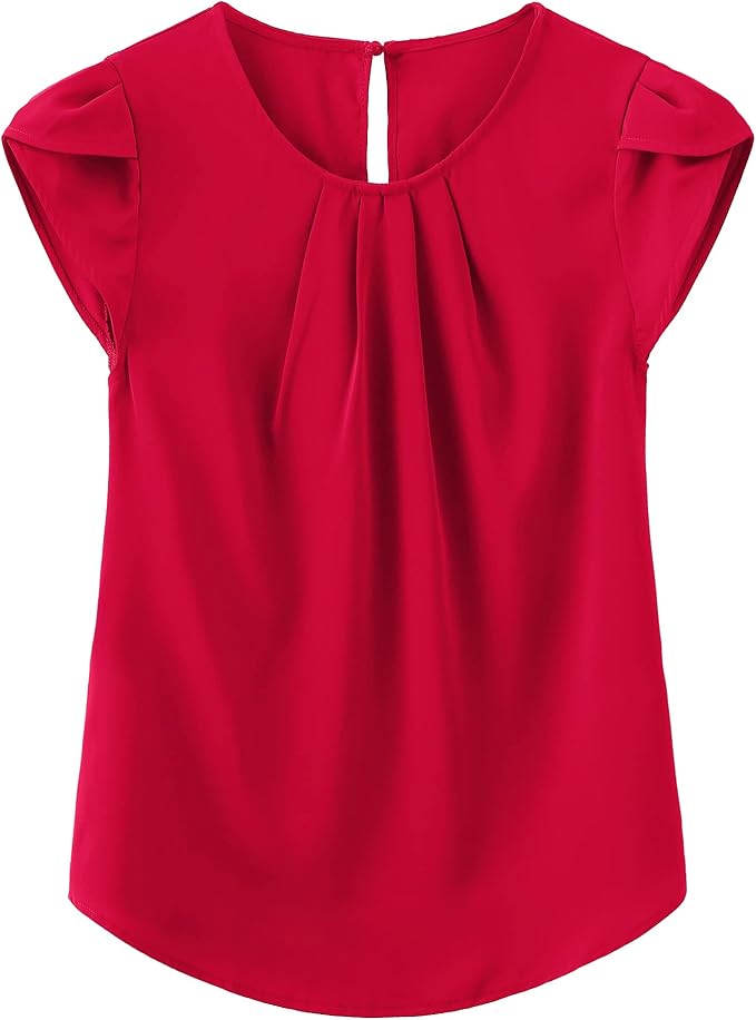 TASAMO Women's Casual Round Neck Basic Pleated Top Cap Sleeve Curved Keyhole Back Chiffon Blouse