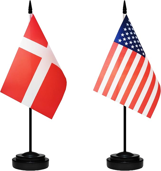 USA American & Denmark Danish Desk Flags, US Denmark Office Table Flag, Small Mini Miniature Danish and US Desktop Flag With 13" Solid Black Pole, Black Base