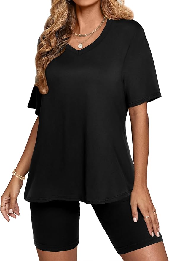 AGSEEM Two Piece Outfits For Women Summer V Neck T-Shirt Tops Biker Shorts Workout Sports Tracksuit