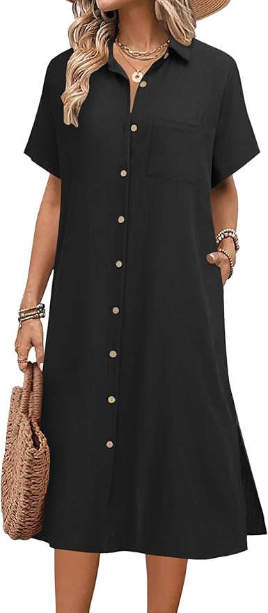 HOTOUCH Womens Dress Summer Casual Midi Short Sleeve Button Down Shirt Dresses Loose Beach Cover Up with Pockets