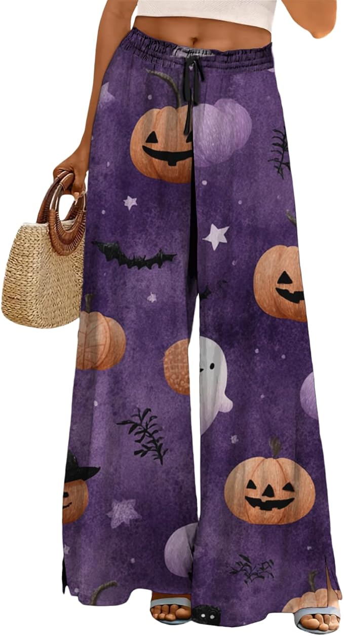 domirica Halloween Pants Women Drawstring Elastic Waist Wide Leg Pants Ladies Pumpkin Ghost Pajama Vintage Street Wear