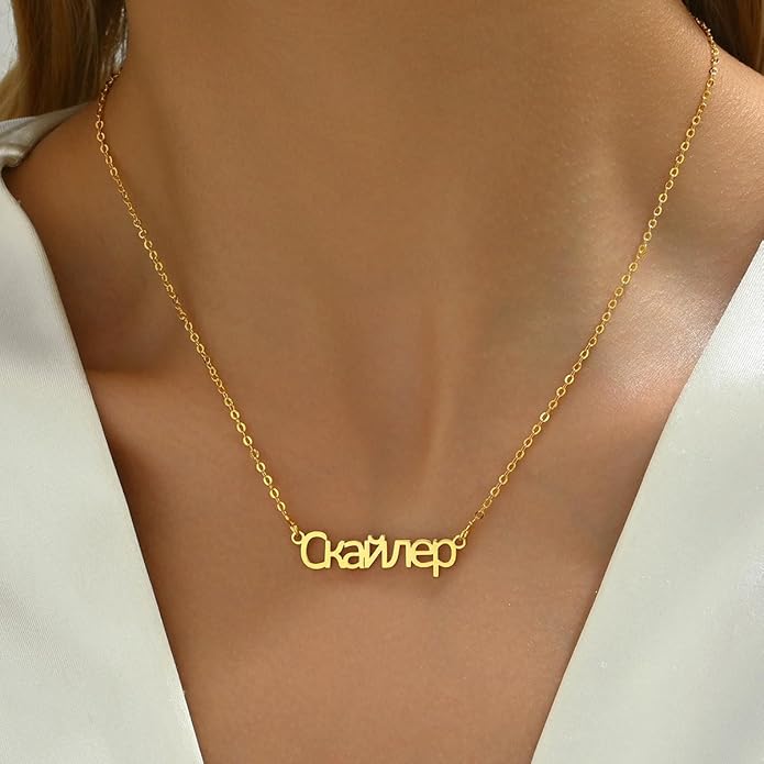 Unisota Personalized Name Necklace in 9 Diferent Languages Custom English Chinese Arabic Greek Hebrew Japanese Korean Russian Hindi Name Pendant Necklace Jewelry Gifts for Women Wife Mom