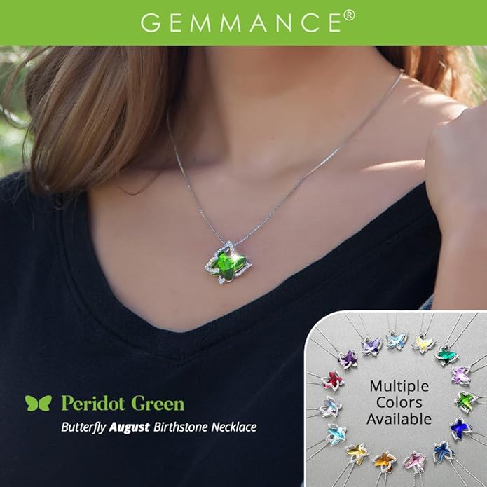 GEMMANCE Gift Butterfly Birthstone Crystal Necklace, Silver Tone with 18”+2” Chain, Necklace for Mother’s Day Anniversary Birthday Gifts for Women and Daughter, Valentine's Day