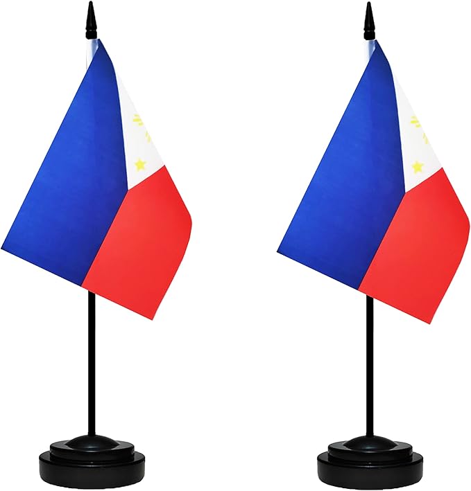 Philippines Filipino Deluxe Desk Flag Set Small Mini Miniature Philippines Filipino Table Desktop Flags With Solid Pole, Black Base and Spear Top(2 Pack)
