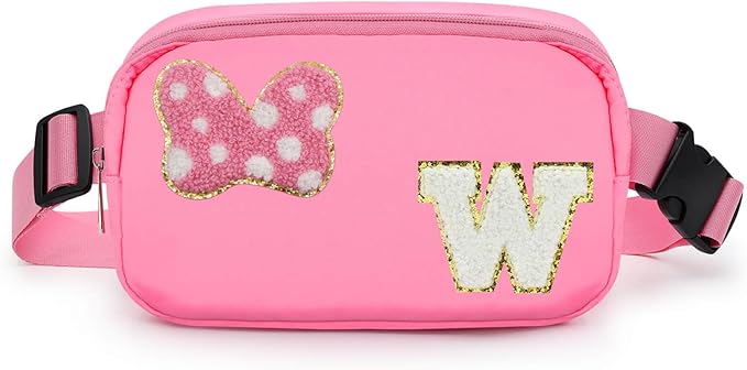 Chenille Initial Letter Bow Mouse Fanny Pack, Waterproof Park Crossbody Bag Christmas Birthday Gifts for Teen Girls Daughter Women Kids Adults, Cute Belt Bag Must Haves for Park Travel (W, Pink)