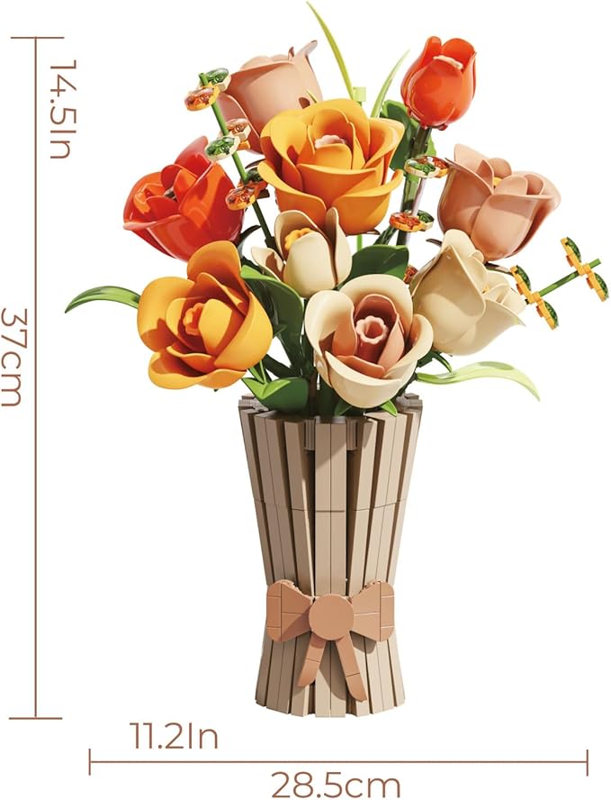Bagari Roses Bouquet Building Set - Artificial Flowers Building Blocks with Vase, Compatible with Lego Kit for Adults - Collection for Home Office Decor Gifts for Women Men Birthday Anniversary 868PCS