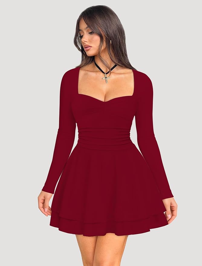 IWD Women's Square Neck Long Sleeve Mini Dress Ruched Corset Waist Tiered Ruffle Hem A Line Short Party Dresses